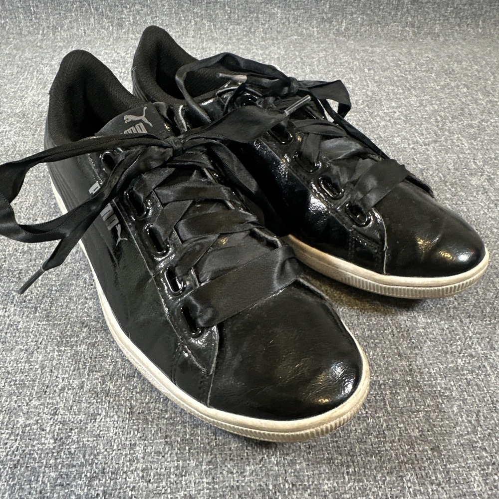 Puma‎ Patent Leather Ribbon Lace Sneakers Womens Size 9 Black Casual Shoes